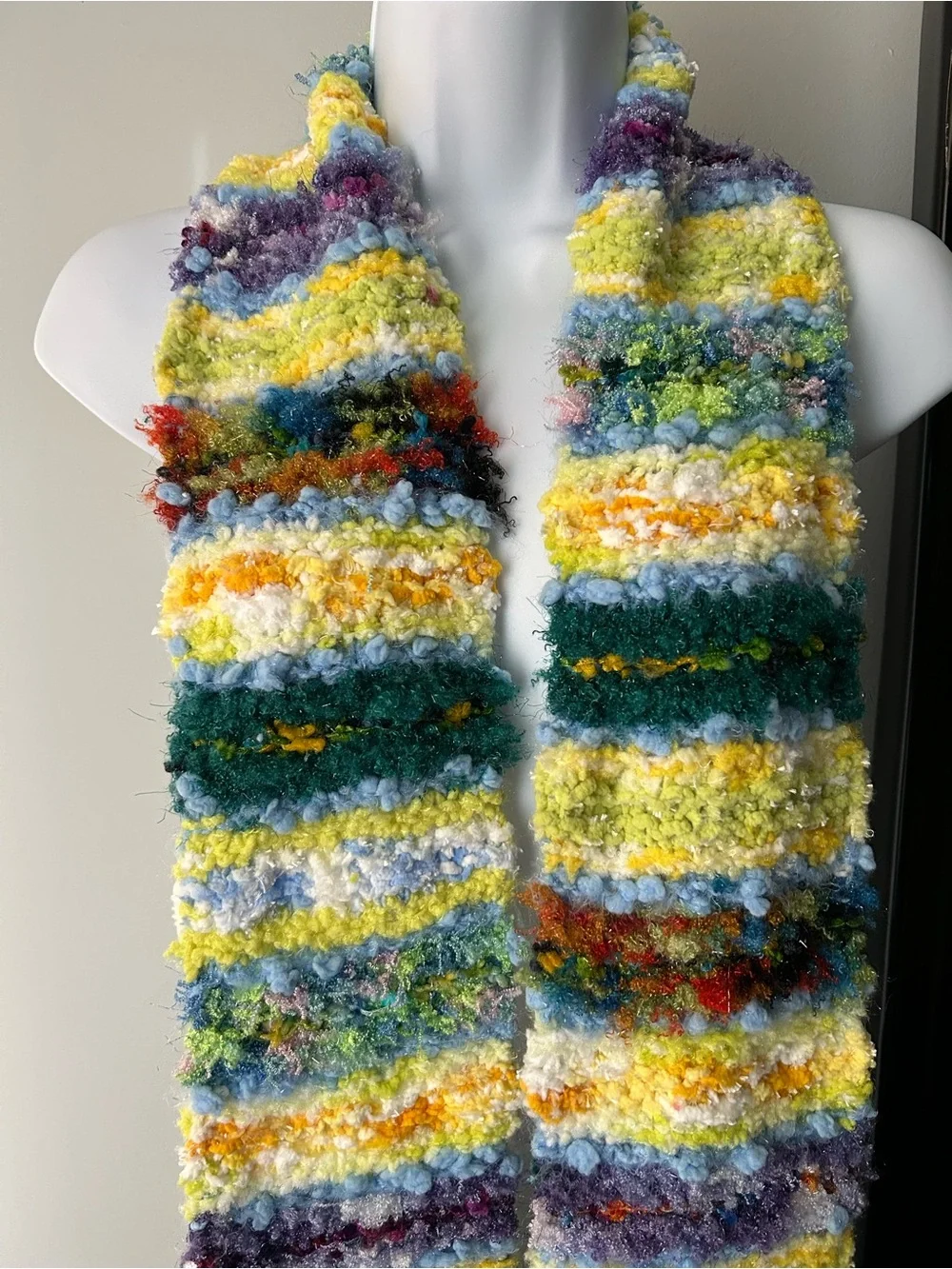 Handmade Multicolor Textured Fringe Scarf - Green, Yellow & Blue